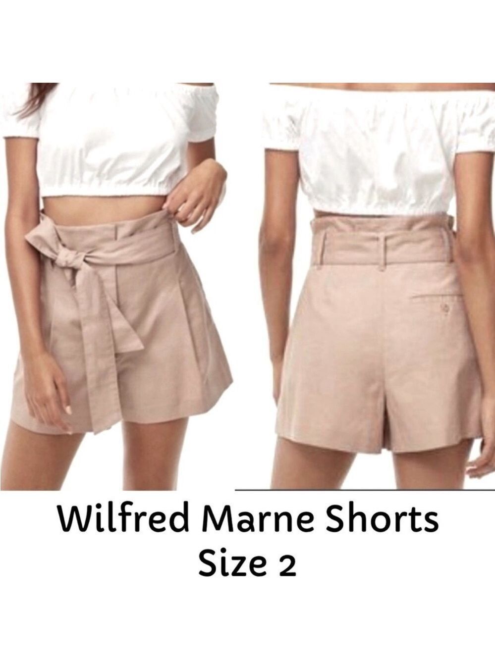 Aritzia Wilfred Marne High Waisted Tie Front Linen Blend Shorts Beige Tan Size 2